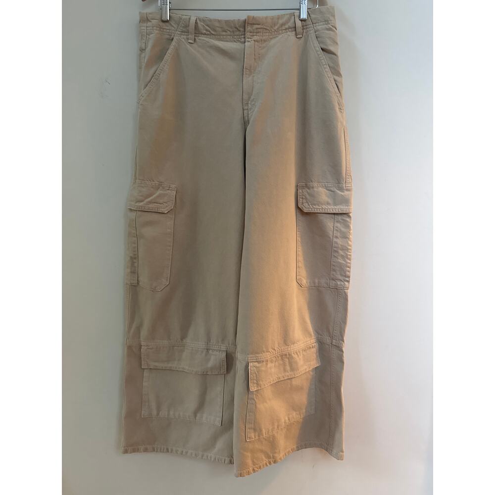 Zara Womens Denim Buckled Cargo Pocket  Wide Leg pants Beige Size 12 Streetwear